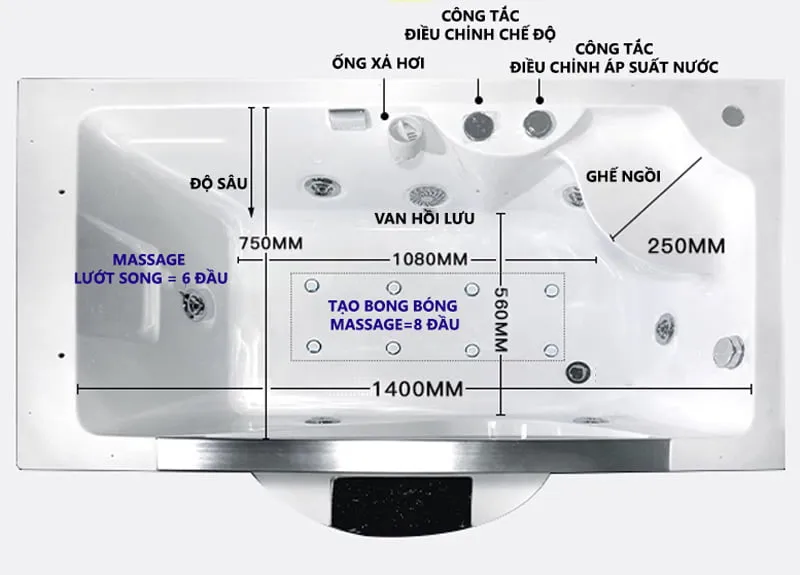 Bản vẽ kỹ thuật chi tiết của Phòng Xông Hơi Gia Đình C90 với kích thước và tính năng