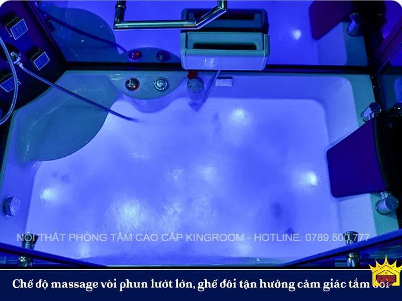 Khung cảnh mát-xa thư giãn trong Phòng Xông Hơi Gia Đình C90 với ánh sáng xanh dịu và ghế ngồi thoải mái