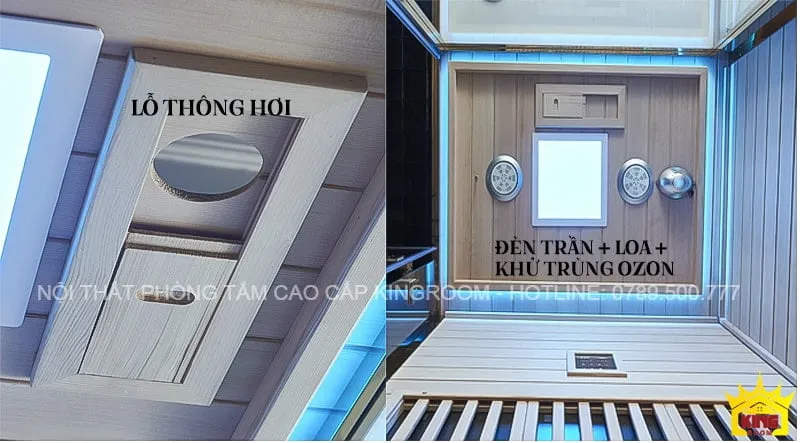 Lỗ thông hơi và đèn trần tích hợp loa, khu vực Ozone trong phòng xông hơi TS50