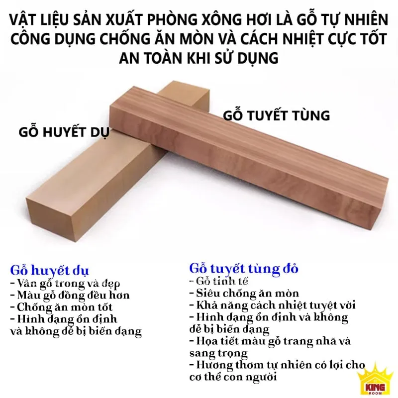 Gỗ huyết dụ và gỗ tuyết tùng cao cấp được sử dụng trong sản xuất Phòng Xông Hơi Khô Hồng Ngoại KB10