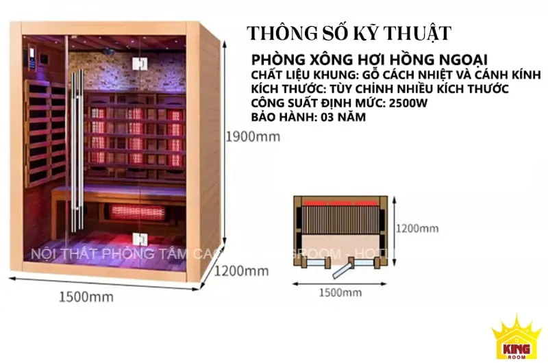 Thông số kỹ thuật của Phòng Xông Hơi Khô Hồng Ngoại KB10 hiện đại với kích thước và công suất tiêu chuẩn