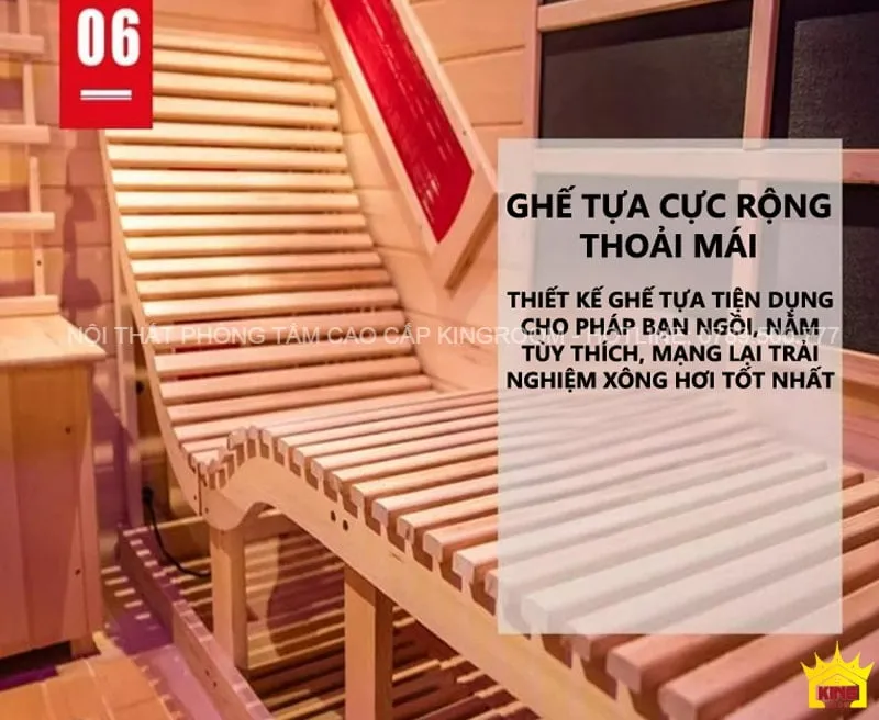 Ghế tựa rộng rãi và thoải mái trong phòng xông hơi khô SM3, phù hợp cho nhiều tư thế ngồi