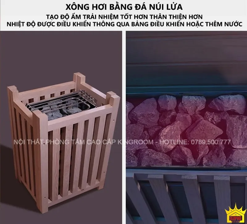 Phòng xông hơi ướt với đá núi lửa Himalaya màu đen, khung gỗ chắc chắn, điều khiển nhiệt độ linh hoạt