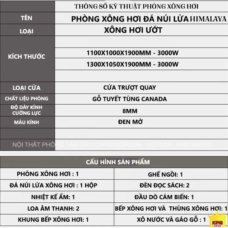 Bảng thông số kỹ thuật cho Phòng Xông Hơi Ướt Đá Núi Lửa Himalaya, với chi tiết về kích thước, loại cửa, chất liệu và cấu hình sản phẩm