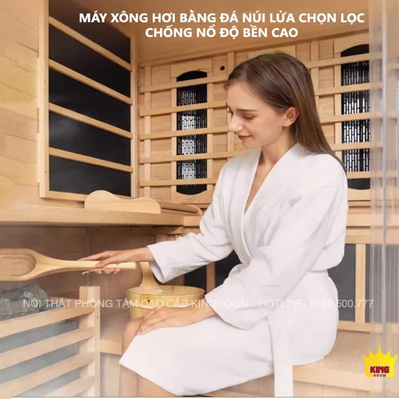 Phòng xông hơi với ghế gỗ và máy xông bằng đá núi lửa