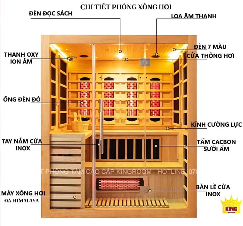 Phòng xông hơi gỗ cao cấp với đèn đọc sách và loa âm thanh