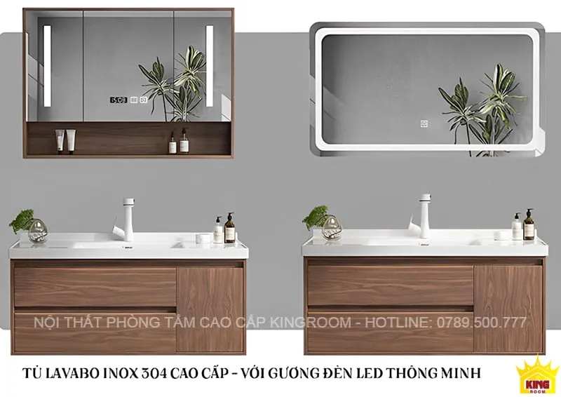 Thiết kế tinh tế của bộ tủ chậu lavabo phòng tắm với gương LED và lavabo sứ cao cấp