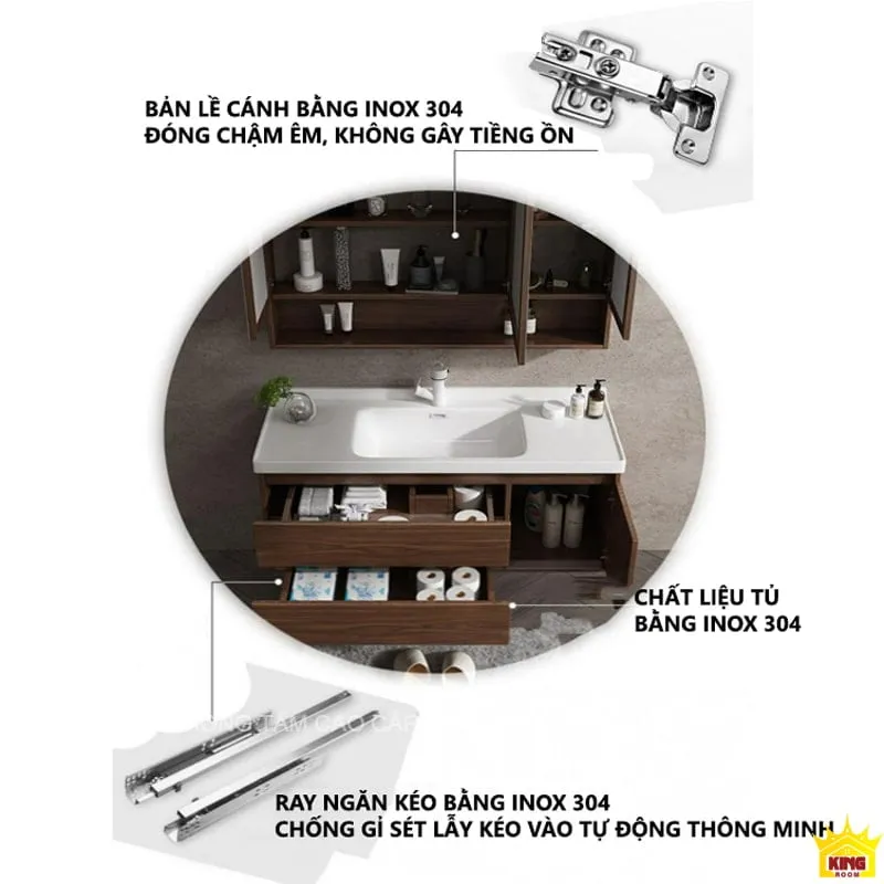 Bộ tủ lavabo cao cấp GS50 với ray ngăn kéo và bản lề cánh âm từ Inox 304, thiết kế đóng mở êm ái