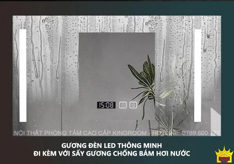 Gương phòng tắm LED thông minh GS50 có tính năng chống bám hơi nước, hiển thị thời gian