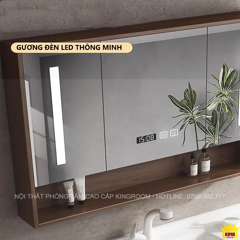 Gương đèn LED thông minh GS50 được lắp đặt trên tủ chậu lavabo, hiện đại và tiện ích