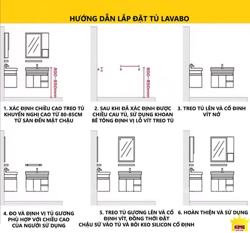 Hướng dẫn từng bước lắp đặt tủ lavabo: xác định chiều cao, khoan bê tông, treo tủ và cố định vít, định vị tủ gương, và hoàn thiện bằng cách đặt chậu và dùng silicone cố định