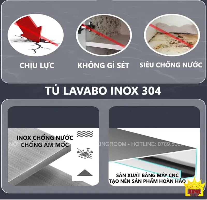 Tính năng nổi bật của Tủ Lavabo Inox 304: chịu lực, chống ẩm mốc, không gỉ sét, siêu chống nước, sản xuất bằng máy CNC