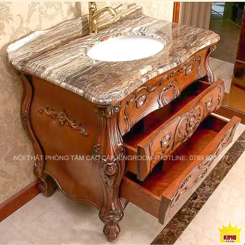 Tủ Lavabo Gỗ Sồi Tân Cổ Điển AS9 với Mặt Đá Cẩm Thạch Sang Trọng