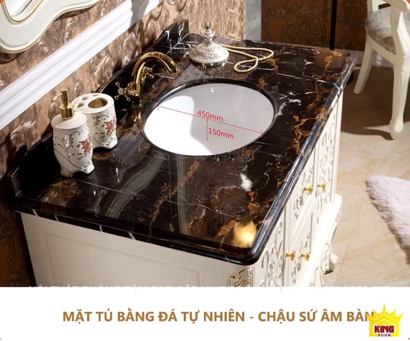 Bề mặt tủ lavabo tân cổ điển bằng đá tự nhiên với chậu sứ âm bàn và chi tiết kích thước.