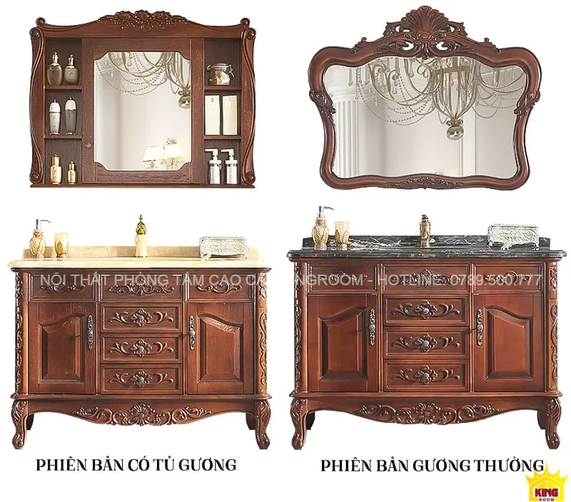 Bộ Tủ Lavabo gỗ sồi mang phong cách tân cổ điển, có phiên bản cổ điển với gương thường và phiên bản với tủ gương chứa đồ