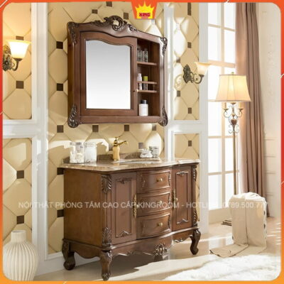 Bộ tủ lavabo gỗ tự nhiên D90 với gương và kệ tinh tế.