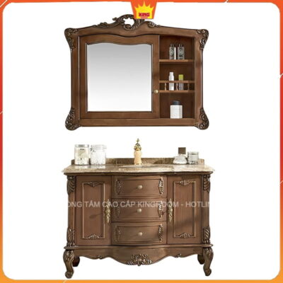 Toàn cảnh bộ tủ lavabo gỗ D90 với gương và chi tiết điêu khắc