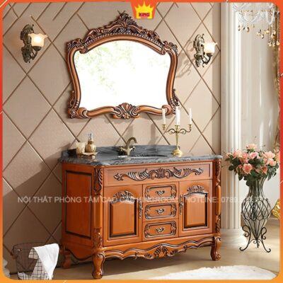Tủ Lavabo gỗ tự nhiên NS8 với gương khắc hoa văn phong cách châu âu
