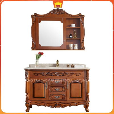 Tủ Lavabo gỗ tự nhiên NS8 thiết kế độc đáo với gương đồng bộ, hoàn thiện không gian nội thất