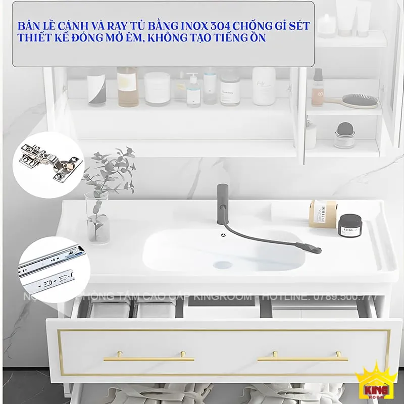 Tủ Lavabo Inox 304 cao cấp với bản lề cánh và ray trượt êm ái, chống gỉ sét và tiếng ồn