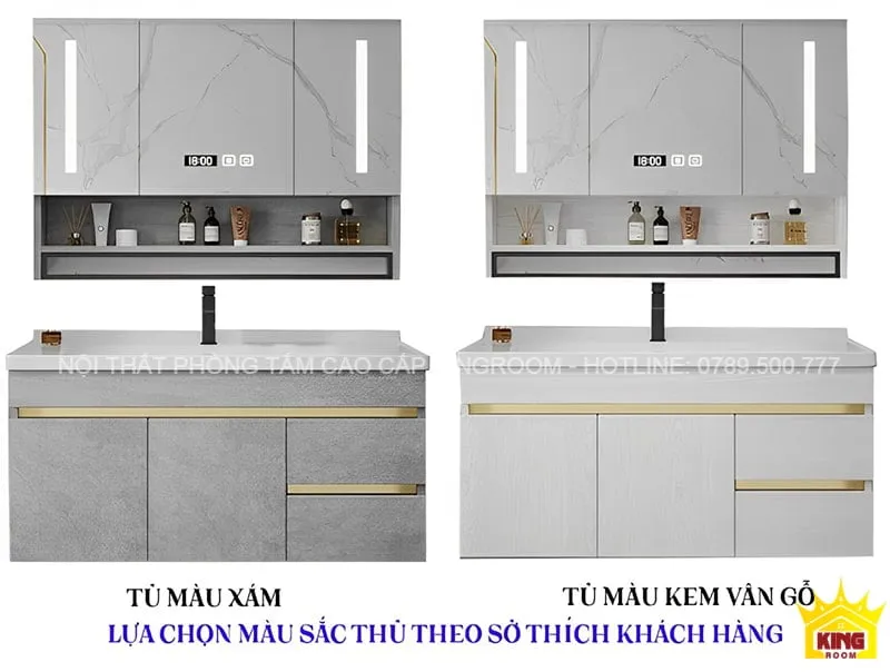 Tủ Lavabo Inox 304 TS86 màu xám và kem vân gỗ, tùy chọn màu sắc theo yêu cầu khách hàng