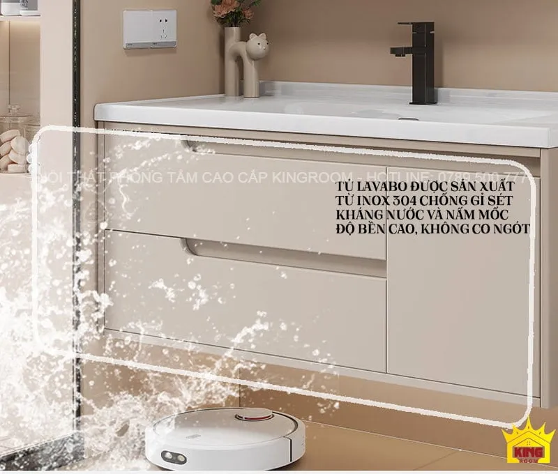 Tủ lavabo inox 304 cao cấp chống rỉ sét, kết hợp với bồn rửa chắc chắn, mang lại vẻ đẹp sang trọng cho phòng tắm.