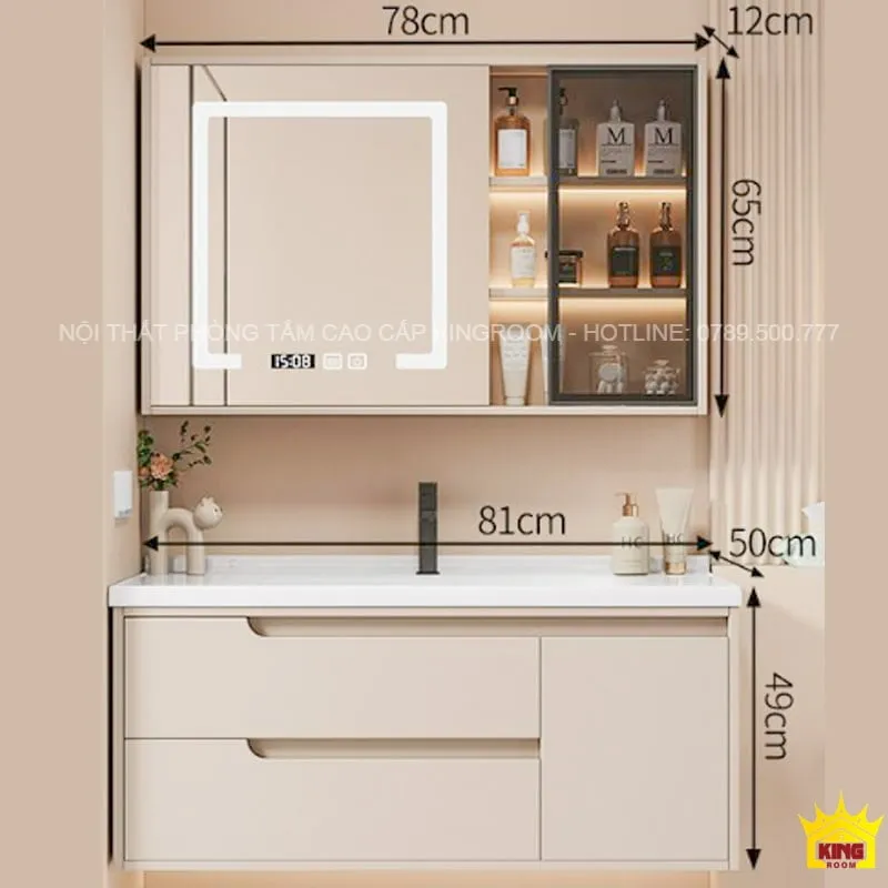 Tủ lavabo inox 304 M60 kích thước 81cm x 49cm, kèm gương đèn LED và kệ tủ đựng đồ nội thất phòng tắm cao cấp