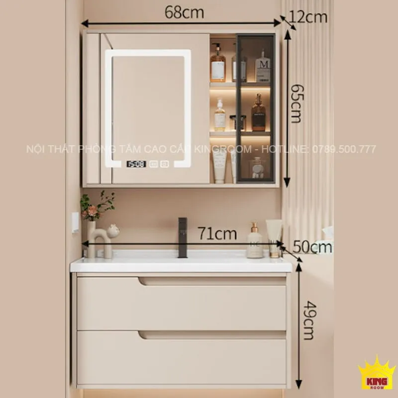 Tủ lavabo nhỏ gọn inox 304 M60 chiều rộng 71cm, thiết kế thông minh với gương LED, không gian lưu trữ rộng rãi