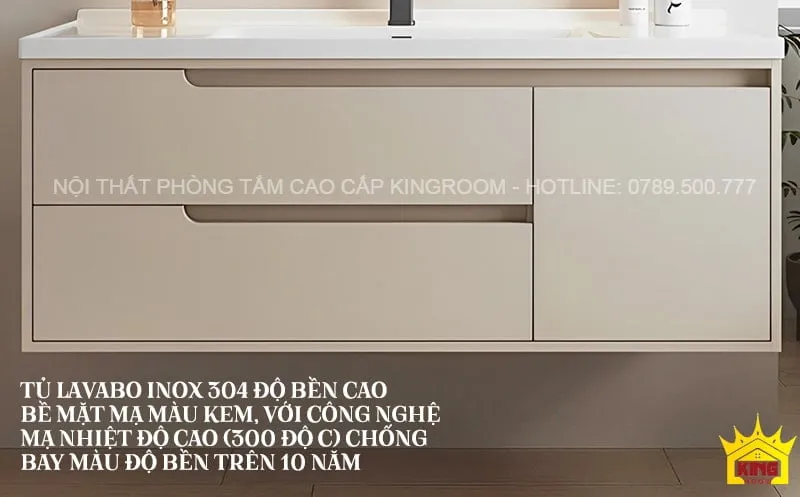 Tủ lavabo bằng inox 304 màu kem, độ bền màu trên 10 năm cho phòng tắm cao cấp