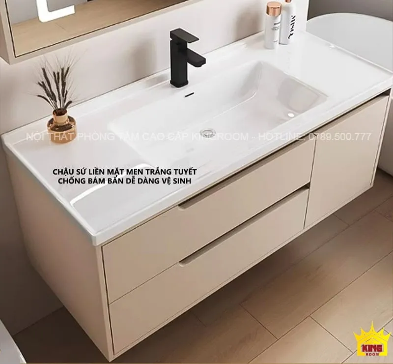 Tủ lavabo hiện đại inox 304 màu kem với chậu sứ mặt men trắng, thiết kế đơn giản, sang trọng, dễ dàng vệ sinh