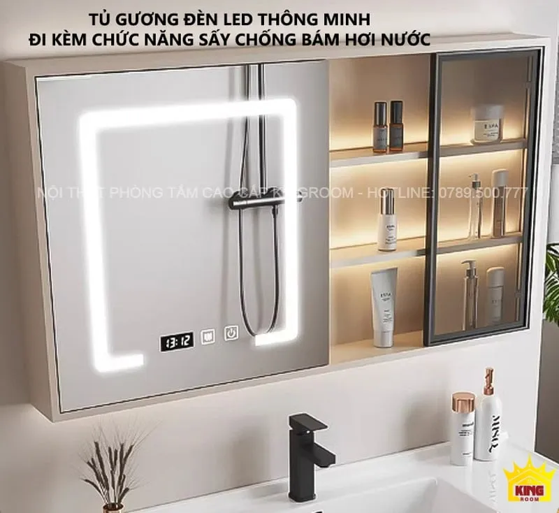 Tủ gương đèn LED thông minh tích hợp đồng hồ và nút điều khiển, có chức năng sấy kháng hơi nước, cho phòng tắm tiện nghi