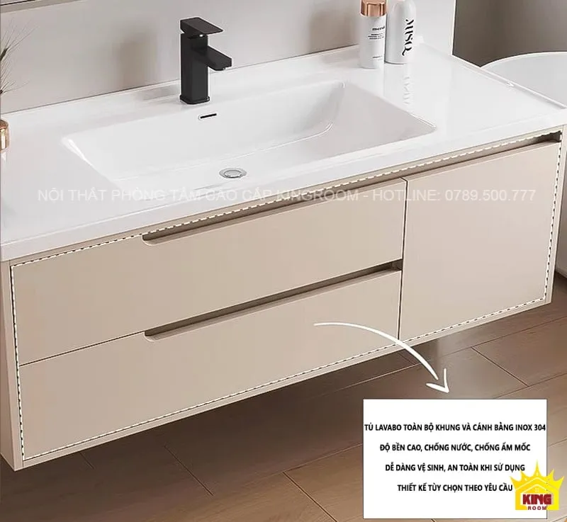 Thiết kế tủ lavabo inox 304 màu kem không gỉ, với vòi và khung chắc chắn, thích hợp cho phòng tắm hiện đại