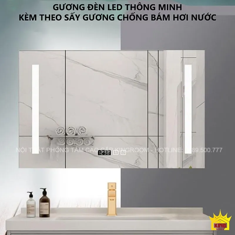 Gương đèn LED thông minh kèm theo sấy gương chống bám hơi nước, phần của bộ Tủ Lavabo Inox 304 NA7