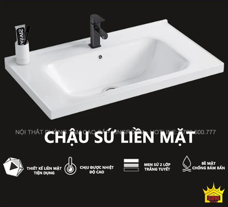 Chậu sứ liền mặt thiết kế tiện dụng, mặt men sứ 2 lớp trắng tuyết, bền bỉ và chịu được nhiệt độ cao, chống bám bẩn