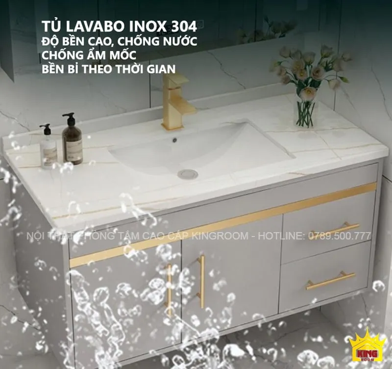 Mô tả chi tiết cấu tạo lớp của Tủ Lavabo Inox 304 NA7 với công nghệ mạ chuyển nhiệt, chống nước và ẩm mốc, dễ dàng vệ sinh