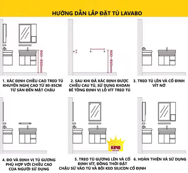 Hướng dẫn lắp đặt tủ lavabo bằng sơ đồ hình ảnh, bao gồm các bước từ xác định chiều cao đến hoàn thiện với keo silicone cố định