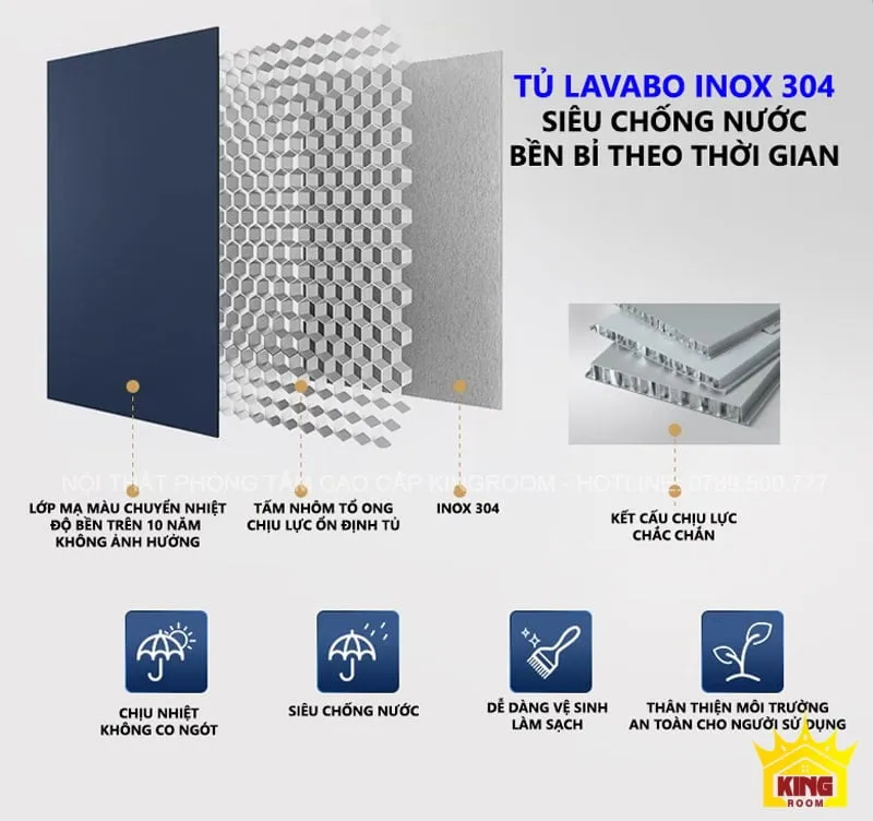 Cấu trúc chống nước và chịu lực của Tủ Lavabo Inox 304, với tính năng chống nước và chịu nhiệt