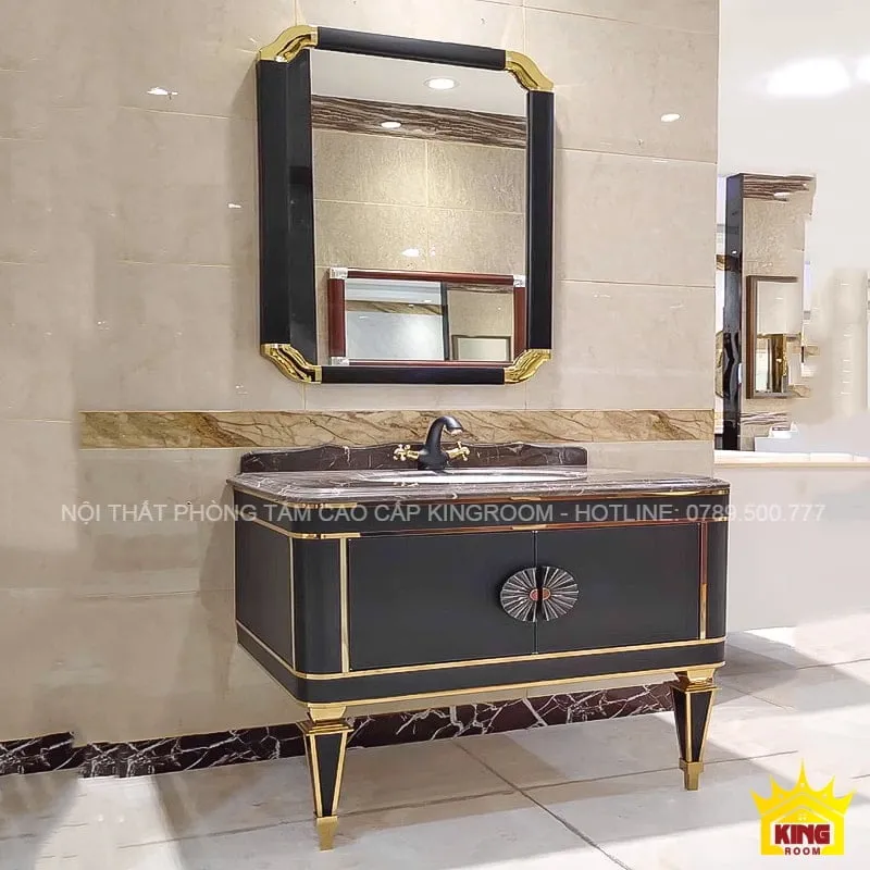 Tủ lavabo phong cách cổ điển với mặt đá cẩm thạch đen sang trọng, kết hợp vàng đen