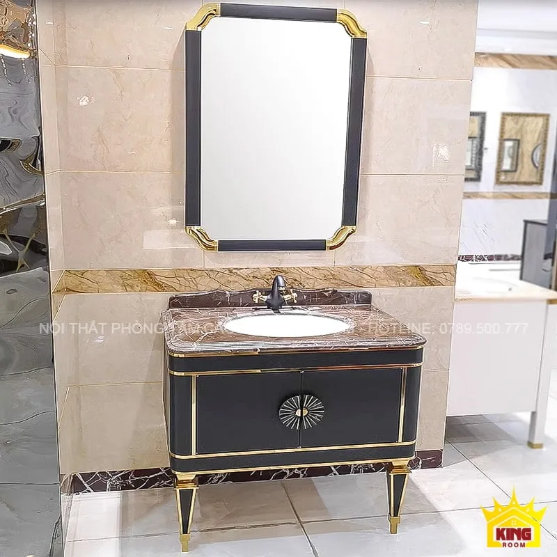 Chi tiết tủ lavabo mặt đá cẩm thạch K5 với chân và viền mạ vàng nổi bật