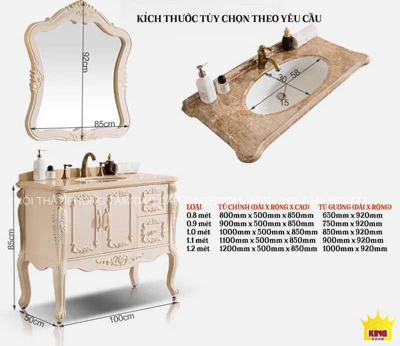 Tủ lavabo và gương tân cổ điển với kích thước tùy chọn theo yêu cầu, mô tả chi tiết các loại kích cỡ khác nhau.