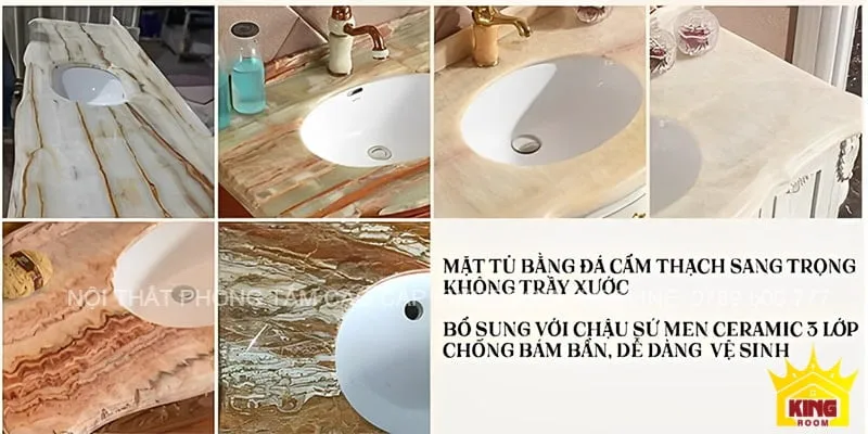 Bề mặt tủ lavabo bằng đá cẩm thạch và chậu sứ men ceramic, kết hợp hoàn hảo chống bám bẩn và dễ dàng vệ sinh