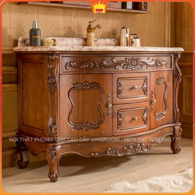 Cận cảnh chất lượng thủ công của tủ lavabo Tân Cổ Điển DT69 với phụ kiện sang trọng