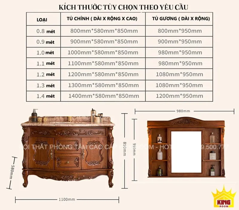 Tùy chọn kích thước Tủ Lavabo Tân Cổ Điển DT69 và tủ gương phù hợp với nhu cầu không gian phòng tắm