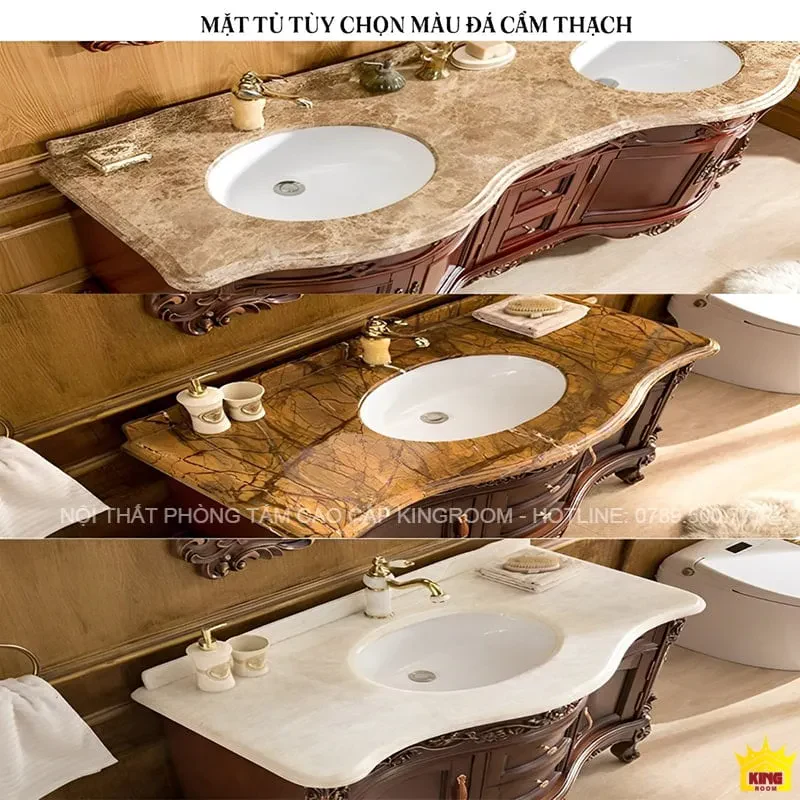 Ba tùy chọn màu sắc mặt đá cẩm thạch cho Tủ Lavabo Tân Cổ Điển H6, từ cẩm thạch màu be, màu cà phê đến màu trắng sữa, tất cả đều toát lên vẻ đẳng cấp và sang trọng