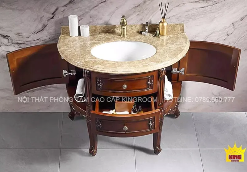 Tủ lavabo góc cạnh với mặt đá cẩm thạch vàng, hộc mở rộng rãi