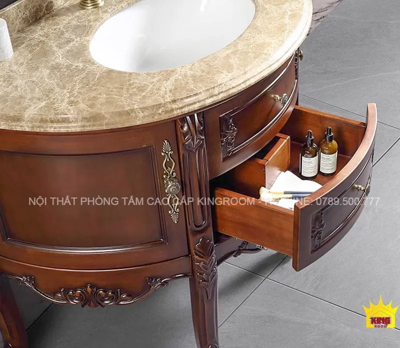 Tủ lavabo tân cổ điển JF20 mở ngăn kéo góc, hiển thị không gian lưu trữ rộng rãi