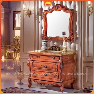 Tủ lavabo tân cổ điển màu nâu với gương viền đẹp, trong không gian sang trọng