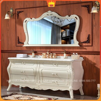 Tủ Lavabo Tân Cổ Điển MF50 màu kem với gương cầu kỳ và chiếu sáng tinh tế