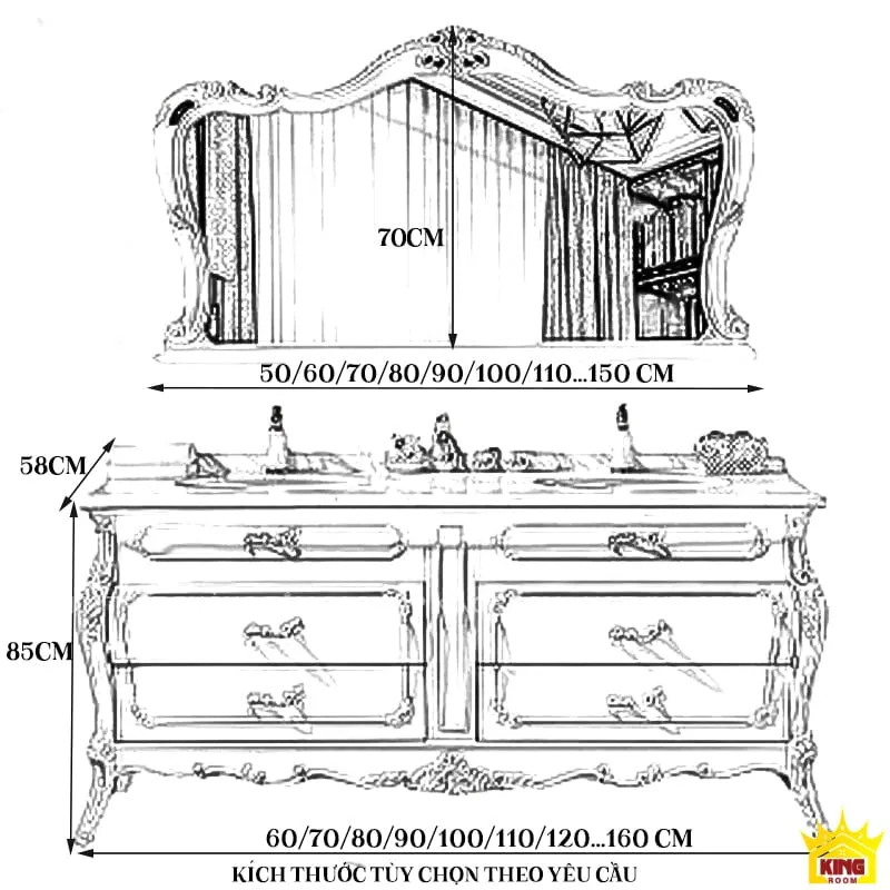 Bản vẽ kỹ thuật chi tiết Tủ Lavabo Tân Cổ Điển MF50 với các kích thước tùy chỉnh