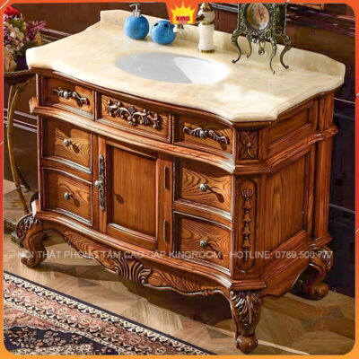 Tủ Lavabo Tân Cổ Điển ND7 với mặt đá cẩm thạch mịn màng và chi tiết chạm trổ nghệ thuật trên gỗ sồi